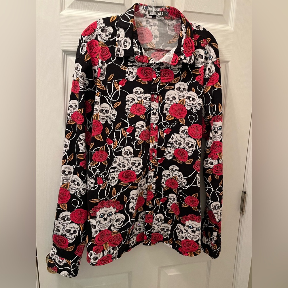 Zeroyaa brand Skull and Rose Button-Up Shirt
